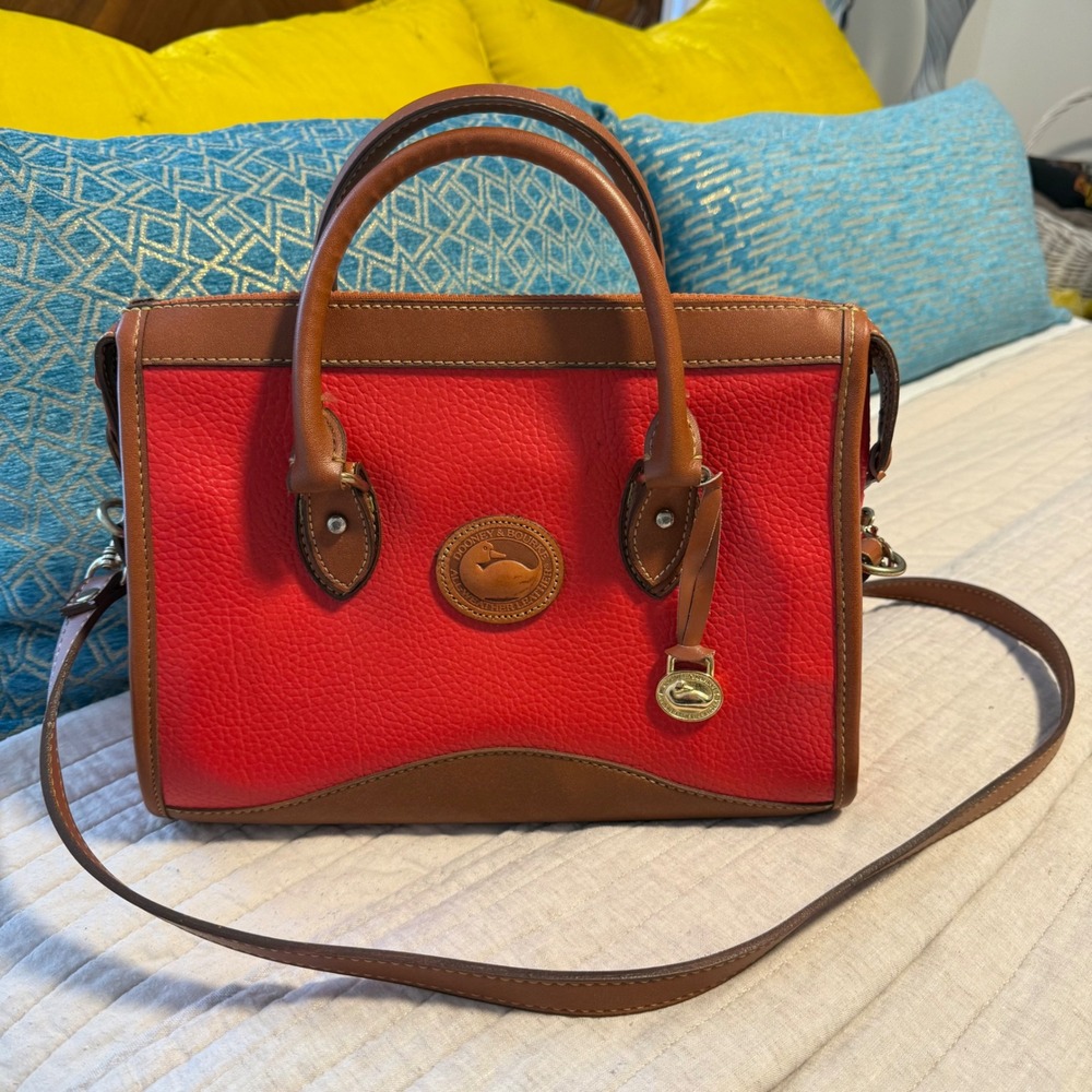 Vintage Dooney & Bourke Red &‎ Tan Leather Equestrian Satchel Purse Shoulder Bag